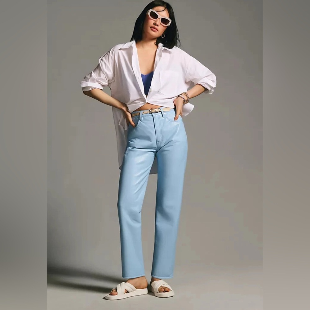 Frame Le High 'N' Tight straight-leg pants recycled leather light blue size 26